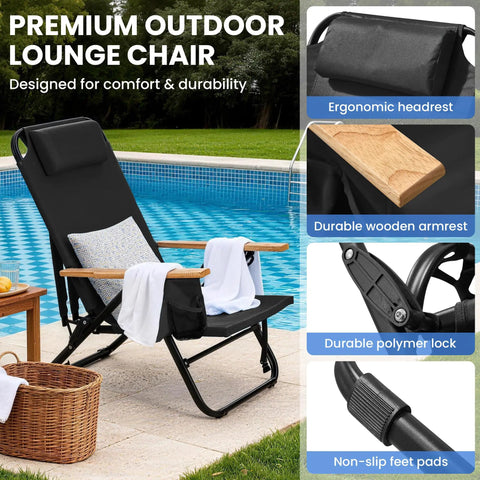 Premium Portable Camping Chair With Five Position Recliner Lightweight Foldable Outdoor Lounger by poolside with wooden armrests.