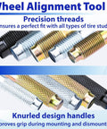 Close-up of 10 Piece Pro DIY Wheel Alignment Tool Kit with steel alloy lug bolt mounting and stud pin set, showing precision threads & knurled grips.