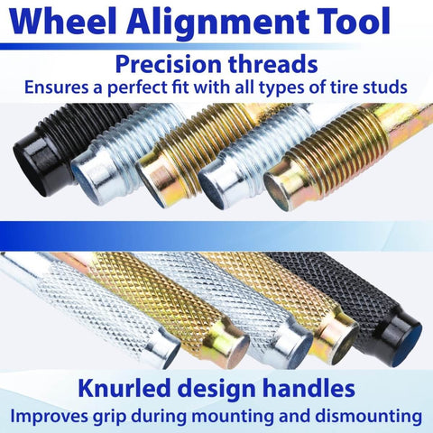 Close-up of 10 Piece Pro DIY Wheel Alignment Tool Kit with steel alloy lug bolt mounting and stud pin set, showing precision threads & knurled grips.