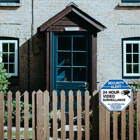 2-Pack Video Surveillance Signs on home gate, 10 X 10 aluminum, security warning reflective design, monitored and recorded.