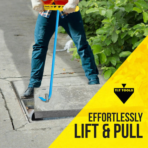 Person using Beefy Heavy Duty 30 Inch Pump Hook Lifting Tool With Half Inch Durable Lifting Hooks For Manhole Covers Storm Drains