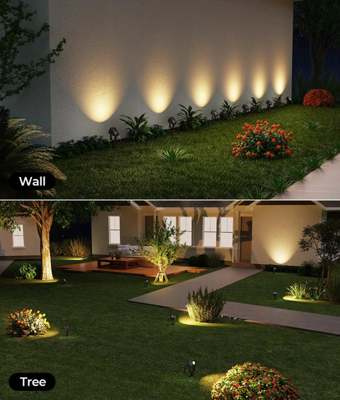 Outdoor Landscape Lighting 4 Pack Low Voltage LED Spotlight Kit 12V 2700K Warm White IP65 Waterproof illuminating yard and wall