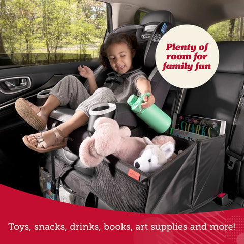 Child using Backseat Car Organizer With Built In Cup Holders And Mesh Pockets Foldable With Handles 9 Compartments