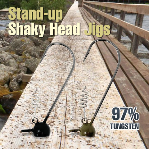 Dense Tungsten Stand Up Shaky Head Jig Heads With Screw Lock Keeper Provide A Straight Fire Finesse Bass Presentation In Green Pumpkin One Quarter Ounce Five Pack Catch Plenty Of Lunker Bass Daily, showcasing black and green jigs.