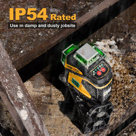 Pro Grade Three Plane Laser Level With 3 X 360 Degree Beams Self Leveling 100 Ft Green Laser showing IP54 rating on site