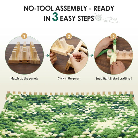 Three-step assembly process of 64 Inch Chunky Blanket Loom For DIY Throw Blankets Easy To Use Adjustable Hand Weaving Frame No Needles Required Beginner Friendly Craft Tool For Hand Knitting Yarn Chunky Projects Great For Teens And Adults showing panel setup, peg insertion, and completed weaving with green blanket.