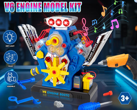 V6 Engine Take Apart Building Kit For Kids 60 Piece STEM Toy With Realistic Lights Sounds And Tools Hands On Mechanic Repair Playset For Ages 3 To 5 Kid Friendly Mini Gearhead Starter Kit displayed with tools and accessories