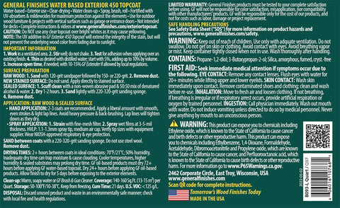 Instruction label for Exterior 450 Water Based Topcoat Flat Finish, 1 Quart, UV Protected wood protection product.