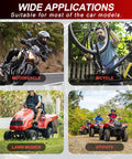 Automotive tool banner with four panels showing motorcycle, bicycle, lawn mower, and ATV/UTV.
