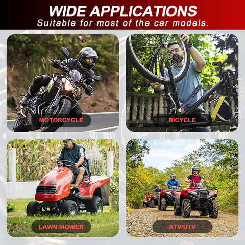 Automotive tool banner with four panels showing motorcycle, bicycle, lawn mower, and ATV/UTV.