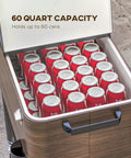 Rolling Outdoor Cooler Cart With Locking Wheels 60 Quart Portable Ice Chest filled with soda cans, brown, open lid