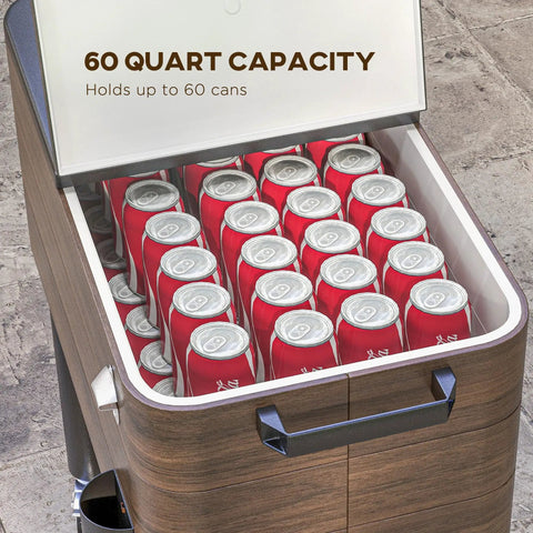 Rolling Outdoor Cooler Cart With Locking Wheels 60 Quart Portable Ice Chest filled with soda cans, brown, open lid