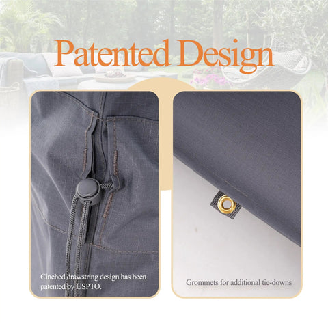 Close-up of grey Extra Large Patio Furniture Cover Set For Outdoor Table And Sofa Sectional showing drawstring and grommet details.