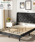 Heavy Duty Queen Bed Frame With Velvet Wingback Tufted Headboard And Built In Storage Shelf Noise Free Wood Slat Platform Base for cozy bedroom setup.