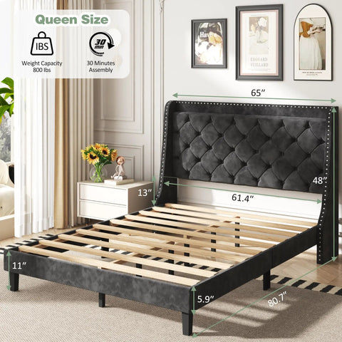 Heavy Duty Queen Bed Frame With Velvet Wingback Tufted Headboard And Built In Storage Shelf Noise Free Wood Slat Platform Base for cozy bedroom setup.