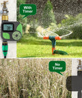 Easy To Use Programmable Sprinkler Timer For Garden Hose With Brass Inlet And Outlet Rain Delay And Auto Or Manual Irrigation IP54 Waterproof One Outlet Big Screen Readout Battery Powered With 2 AA Batteries No Fuss Yard Setup shown operating with and without timer on lawn.
