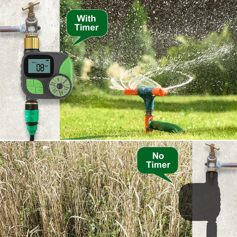 Easy To Use Programmable Sprinkler Timer For Garden Hose With Brass Inlet And Outlet Rain Delay And Auto Or Manual Irrigation IP54 Waterproof One Outlet Big Screen Readout Battery Powered With 2 AA Batteries No Fuss Yard Setup shown operating with and without timer on lawn.