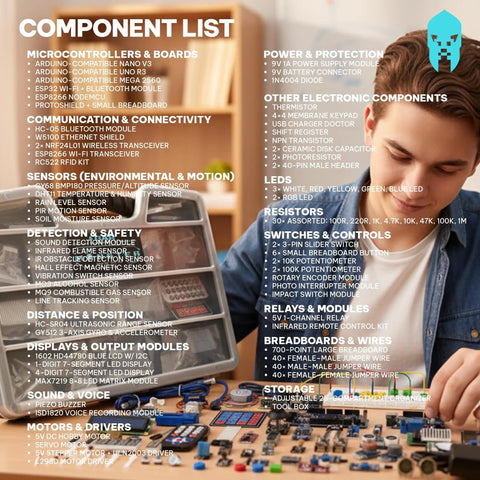 Person assembling electronics from All-In-One Arduino Starter Kit For Robotics And IoT, Maker-Friendly Five-Board Power Pack Kit