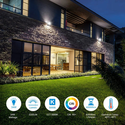 Two Pack 34W Outdoor LED Flood Lights With 3200 Lumens 5000K Brightness IP65 Waterproof Knuckle Mount shining on house facade