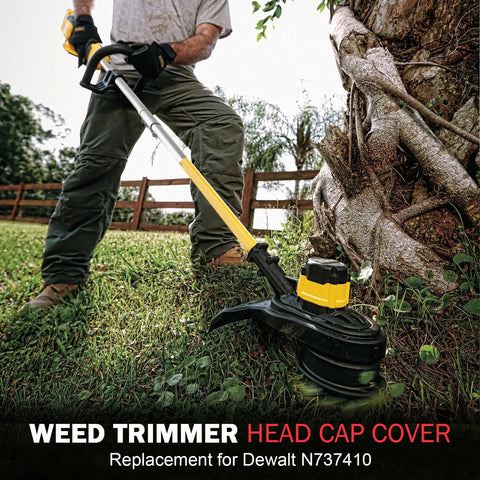 DWO1DT995 Weed Trimmer Head Cap Replacement for Dewalt being used on grass by a person wearing gloves, with trees in the background