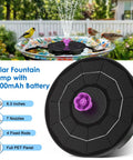 Solar Powered Fountain With 2000mAh Battery Backup, Cloudy Day Ready, Bird Bath Water Feature With 7 Nozzles And 4 Adjustable Rods