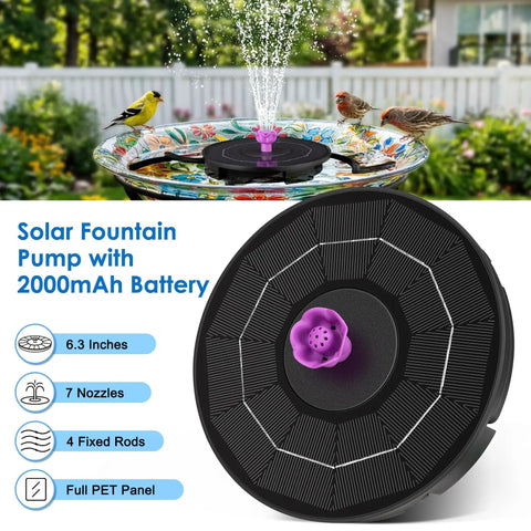 Solar Powered Fountain With 2000mAh Battery Backup, Cloudy Day Ready, Bird Bath Water Feature With 7 Nozzles And 4 Adjustable Rods