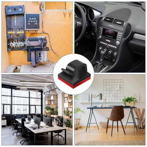 Collage showing uses of Stick On Cable Clips 30 Pack Black Adhesive Cord Organizer For Desk And Office Use Wire Clips Cable Holder
