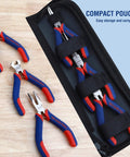 6 Piece Mini Pliers Set For Quick DIY Fixes And Electronics Repair with durable pouch, includes various pliers on wooden surface.