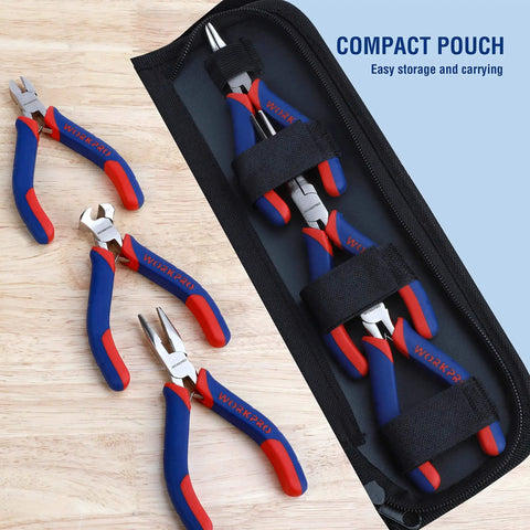 6 Piece Mini Pliers Set For Quick DIY Fixes And Electronics Repair with durable pouch, includes various pliers on wooden surface.