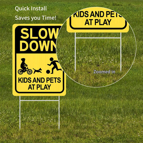 Slow Down Kids And Pets At Play Sign 2 Pack With Metal Stakes Double Sided 16 By 12 Inch Corrugated Plastic Yard Signs
