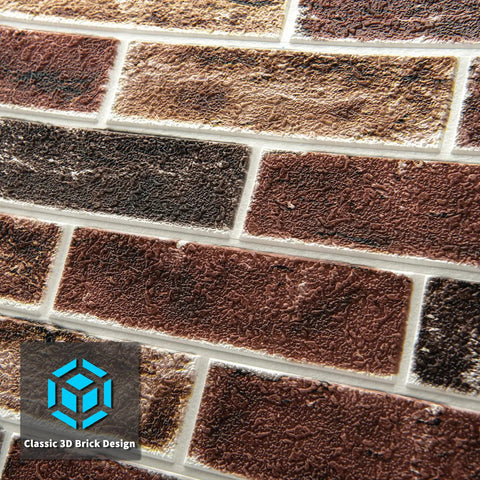 Close-up of 20 Pack Faux Brick 3D Wall Panels Peel And Stick in red brown self adhesive waterproof foam texture detail.