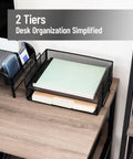 Stackable Paper Tray Desk Organizer Set Of 2 With Metal Mesh File Storage For Office Black on wooden desk with papers