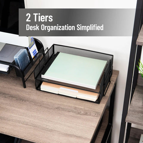 Stackable Paper Tray Desk Organizer Set Of 2 With Metal Mesh File Storage For Office Black on wooden desk with papers