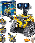 5 In 1 Buildable Robot Kit With Remote Control For Kids Ages 8 To 13, yellow technic style robot model in front of box