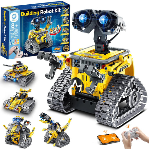 5 In 1 Buildable Robot Kit With Remote Control For Kids Ages 8 To 13, yellow technic style robot model in front of box