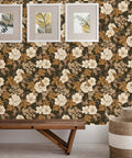 Fresh Black And Brown Vintage Floral Peel And Stick Wallpaper in living room setting with bench and basket