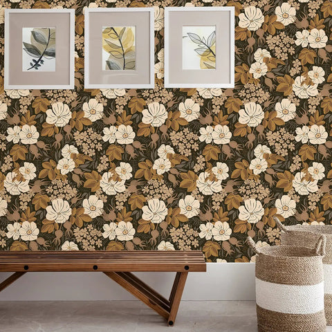 Fresh Black And Brown Vintage Floral Peel And Stick Wallpaper in living room setting with bench and basket