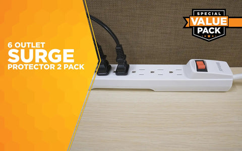 Two Pack Six Outlet Surge Protector With 280J Protection, 2.5 Ft Cord, Built In Circuit Breaker, White, Indoor Use, Ideal For Home Office Electronics, Safely Power Multiple Devices