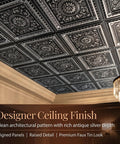 Antique Silver 2x2 PVC Ceiling Tile Pack Of 10 For Glue-Up Or Lay-In Install, Durable Embossed Panels in elegant ceiling design