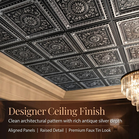 Antique Silver 2x2 PVC Ceiling Tile Pack Of 10 For Glue-Up Or Lay-In Install, Durable Embossed Panels in elegant ceiling design