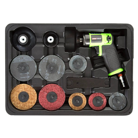 Heavy Duty Mini Air Surface Prep Sander Kit For Tight Spaces in carrying case with sanding discs, Pro Grade Car Body Sanding Tool.
