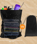 Waterproof bag showing capacity and drawstring closure, next to a smaller drawstring bag comparison, on a sand background.