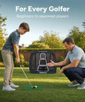 Father and son using Chipster PRO Golf Chipping Net For Indoor And Outdoor Practice With Pop-Up Target in garden