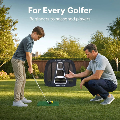 Father and son using Chipster PRO Golf Chipping Net For Indoor And Outdoor Practice With Pop-Up Target in garden