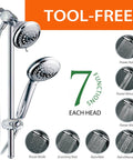 Three Way Shower Combo With No-Drill Instant Mount Slide Bar, Overhead And Handheld Heads showcasing 7 spray functions