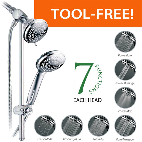 Three Way Shower Combo With No-Drill Instant Mount Slide Bar, Overhead And Handheld Heads showcasing 7 spray functions