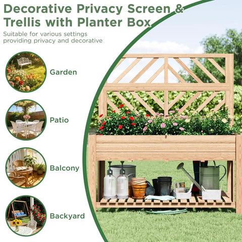 Wooden Elevated Garden Bed With Trellis On Sturdy Legs Free Standing Planter Box With Storage Shelf 47 By 24 By 55 Inches