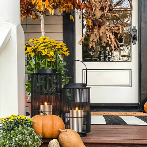 Outdoor Lantern With Realistic LED Candle For Patio, 12 Inch Black Metal Modern Farmhouse Style Lantern on porch with pumpkins