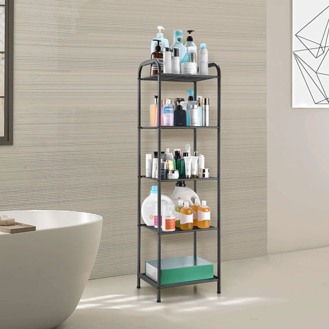 Rock Solid And Super Roomy Five Tier Extendable Metal Wire Storage Rack Heavy Duty Adjustable Height Shelf Plant Stand No Sweat Assembly For Home Or Garage Charcoal Gray with bathroom products.