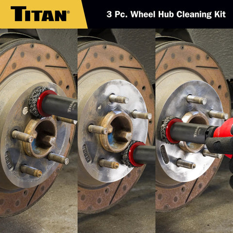 Pro Grade Wheel Hub Cleaning Kit with half inch drive impact socket and 2 inch abrasive pads scrubbing brake hub surface